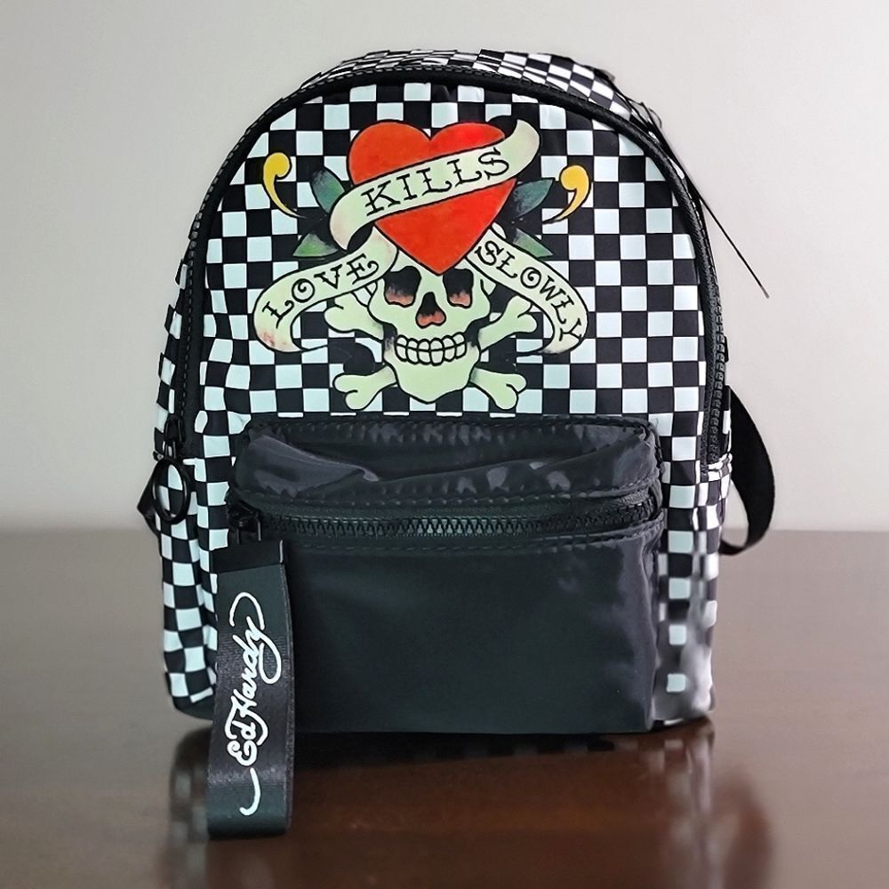 Ed Hardy Love Kills Slowly Checkered Mini Backpack Bag Black White Skull Heart